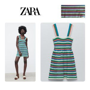 ZARA Women's KNIT STRIPED Dress LARGE Summer Multi-Color Straps Crochet